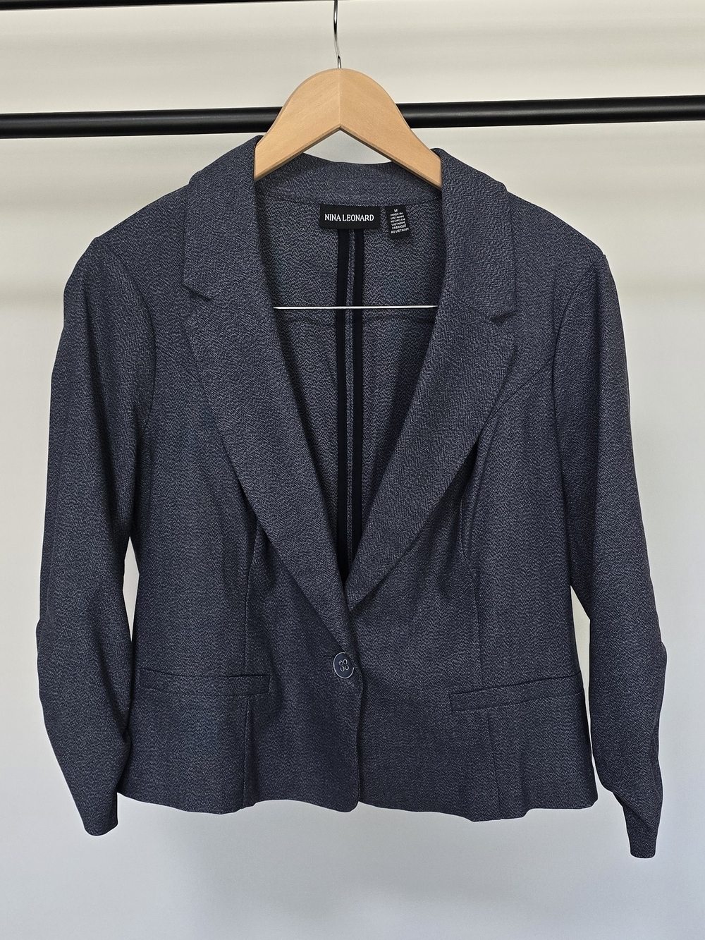 Nina Leonard Dark Navy Textured One-Button Blazer